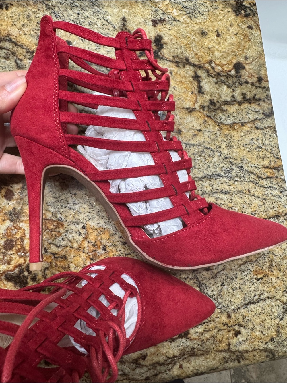 Red Strappy Lace-Up Pointed-Toe High Heels - Picture 3 of 6